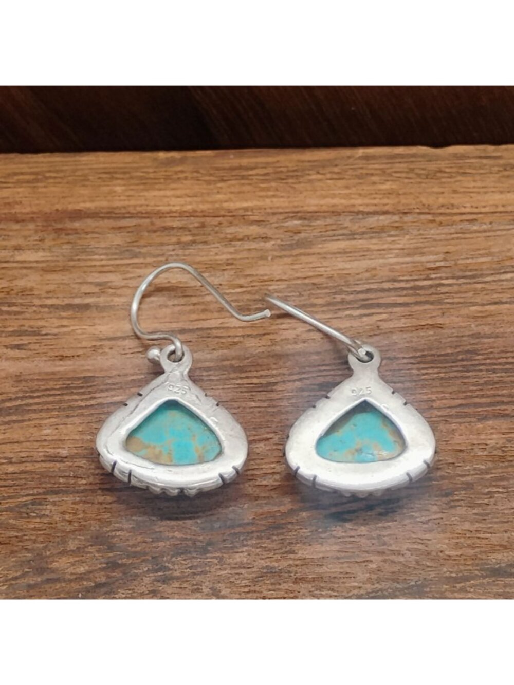 Artisan Handmade Sterling Silver Turquoise Dangle Earrings Triangle Teardrop - Picture 5 of 5